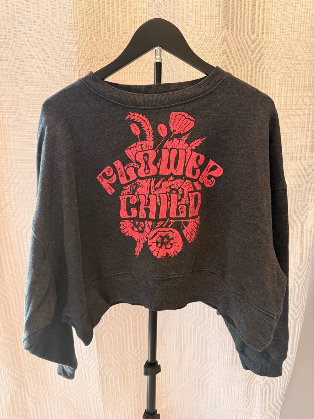 Flower Child Graphic Cropped Sweatshirt - Black with Pink Print